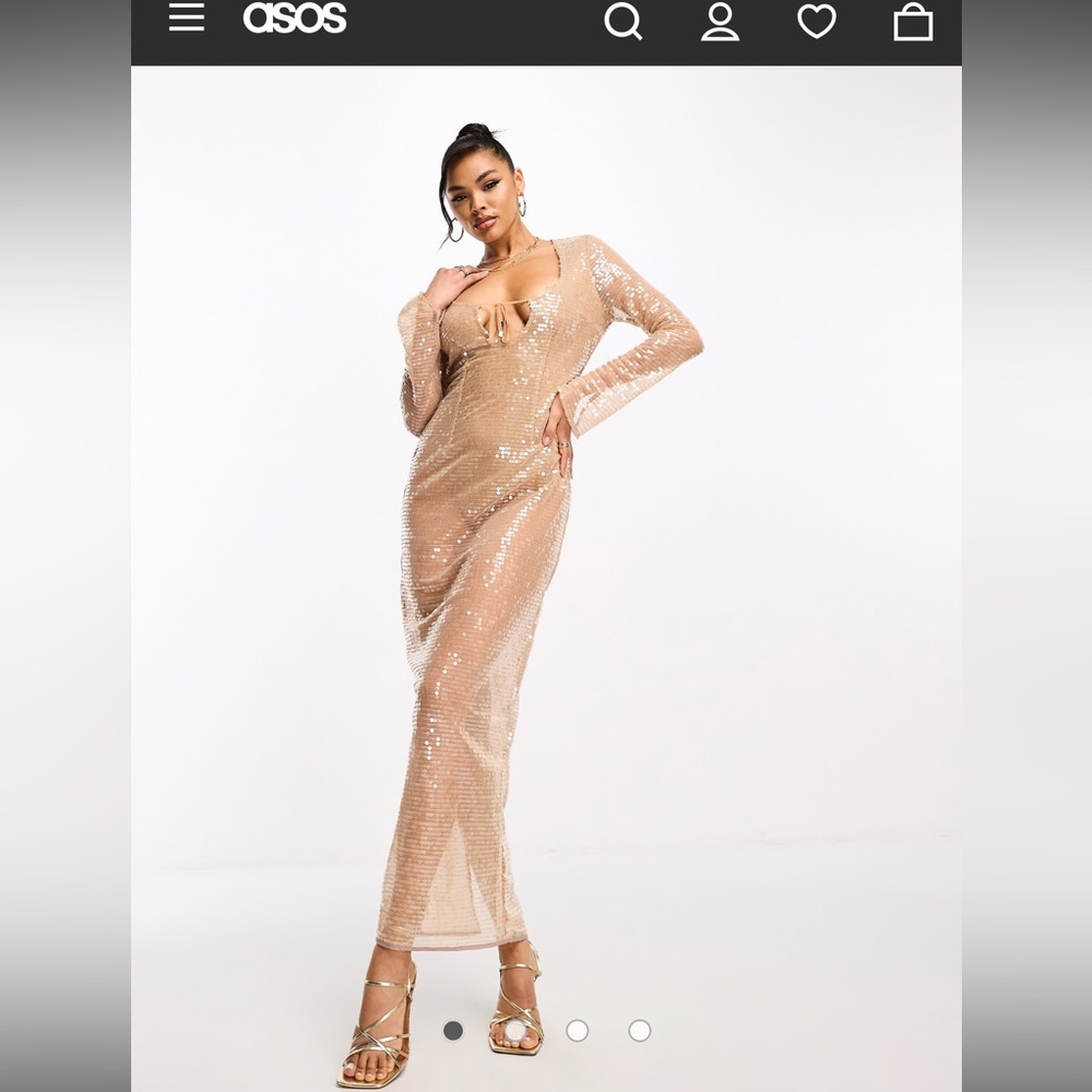 ASOS Long Sleeve Sequin Maxi Dress in Beige